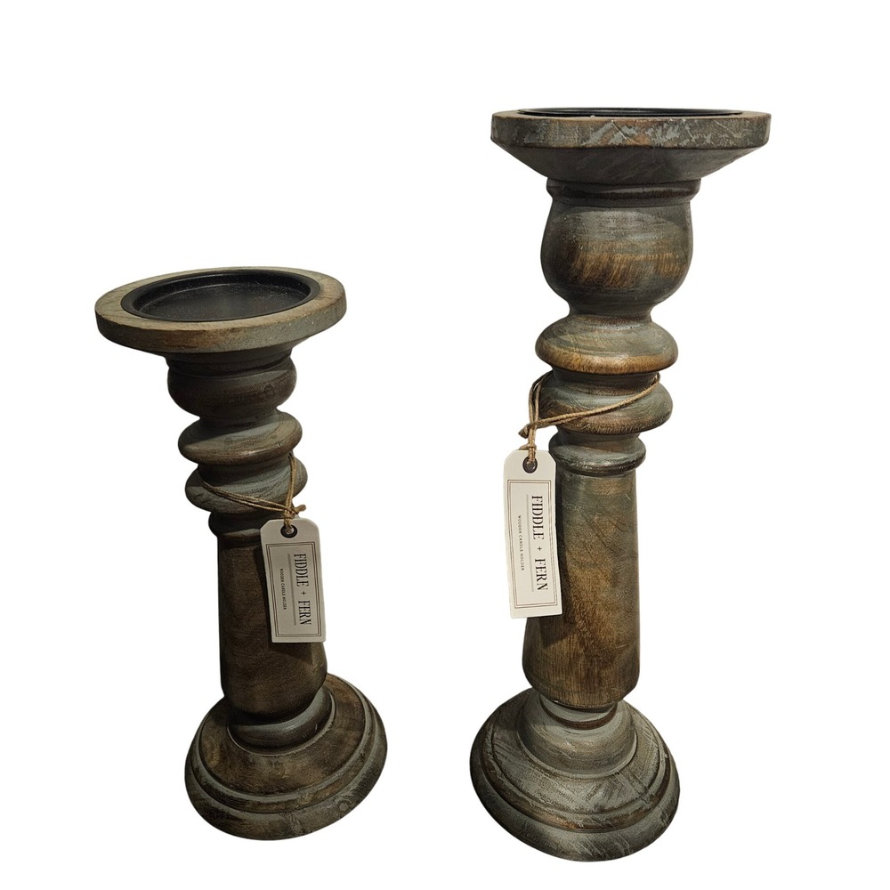 Fiddle + Fern Wooden Candle Holders Set of 2 Rustic Farmhouse Decor - Picture 8 of 10